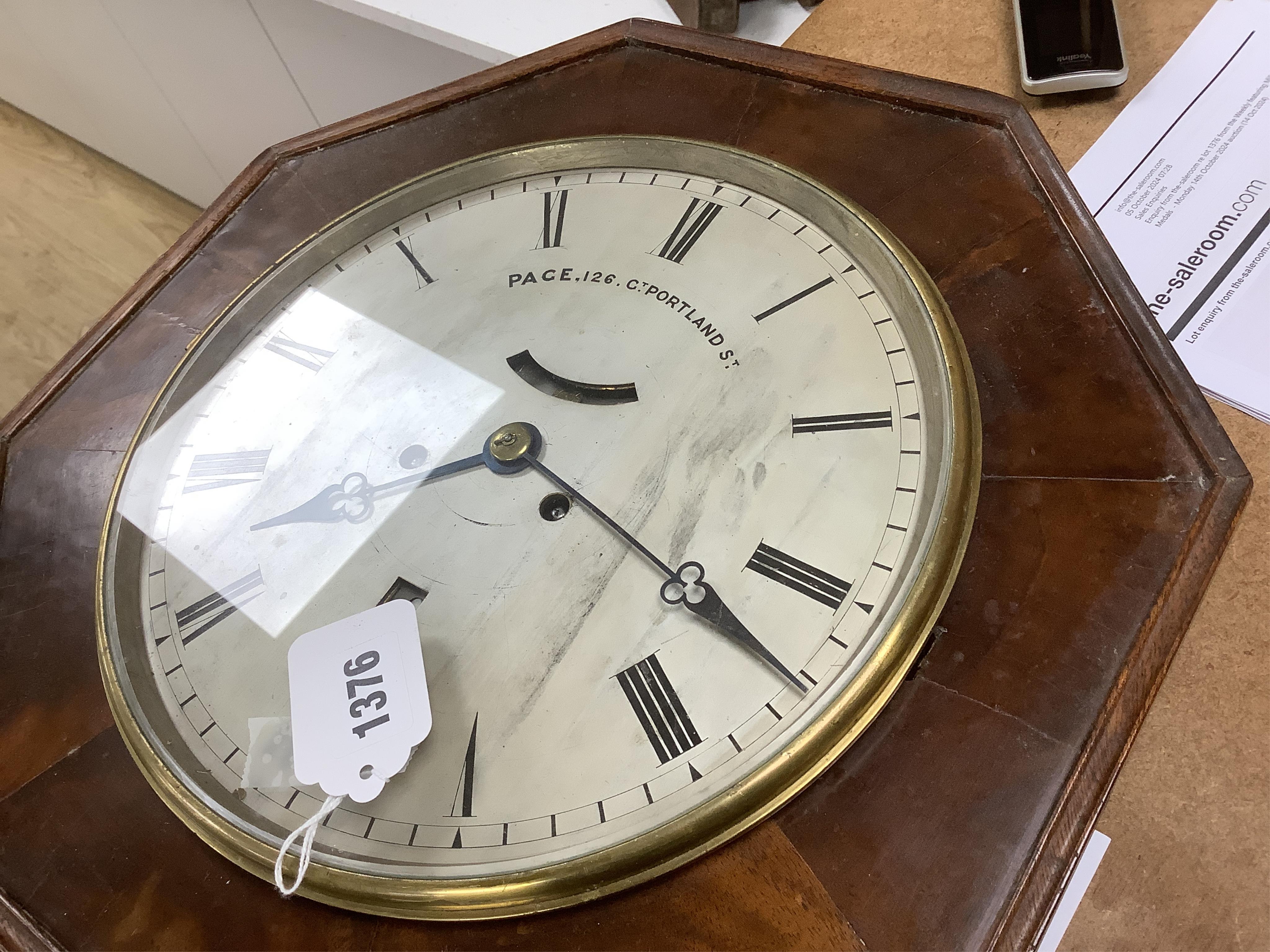 An unusual early Victorian drop dial wall clock, by Pace 126, Gt. Portland Street wall clock, twin fusee striking on a bell with visible pendulum bob and key, 53cm high. Condition - fair, untested